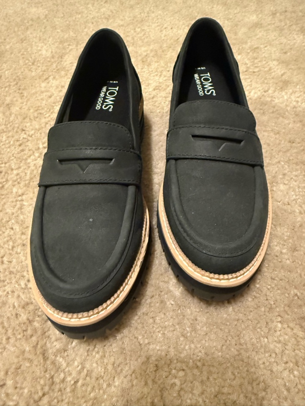 New without tags:Toms Black Nubuck Penny Loafers with Tan Trim